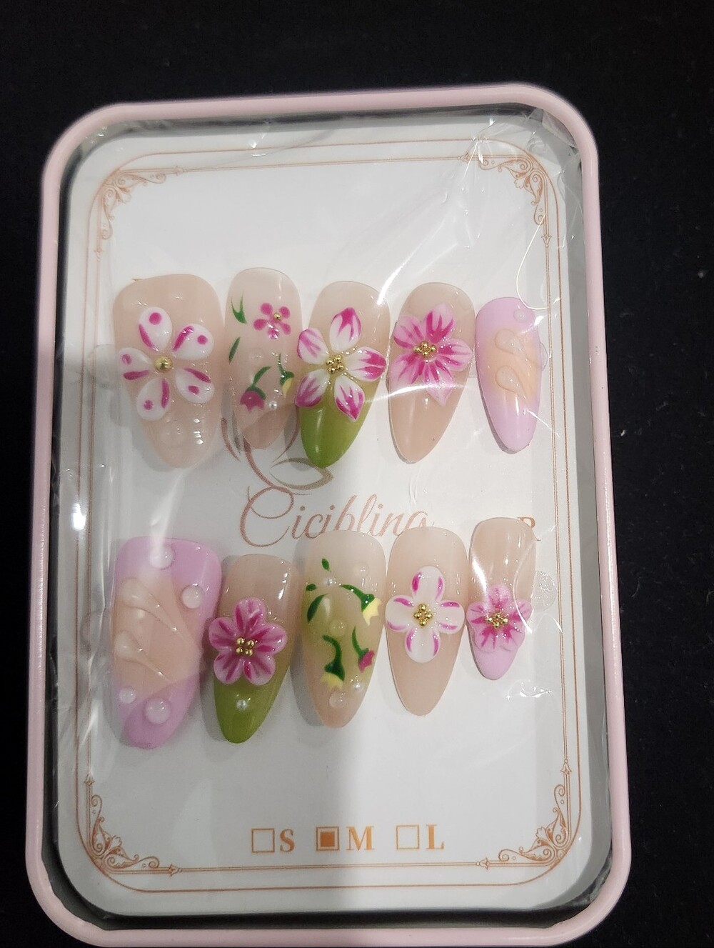Pink And Green Floral Press On Nails